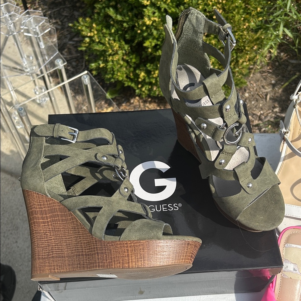 Guess Khaki Wedge Sandals